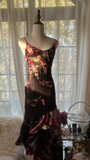 Vintage Black Spaghetti Strap Floral Design Romantic Chiffon Evening Dress Prom Dress HZ0319