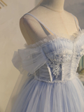 Vintage Light Blue Applique Sweetheart Spaghetti Strap Design A-line Tulle Party Dress Homecoming Dress HZ0319