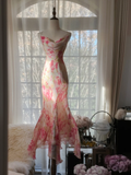 Sexy Pink Straps Mermaid Chiffon Long Party Dress Wedding Guest Dress, HZ0319