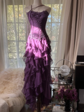 Purple Strapless A-Line Ruffles Long Prom Dress Vintage Evening Party Dress, HZ0319