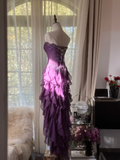 Purple Strapless A-Line Ruffles Long Prom Dress Vintage Evening Party Dress, HZ0319