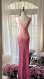 Pink Ombre V Neck Mermaid Beading Long Prom Dress Vintage Party Dress, HZ0319