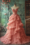 Pink Sweetheart A-Line Beading Tiered Long Prom Dress Evening Gown, HZ0319