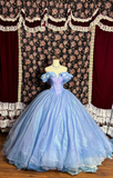 Blue Off Shoulder A-Line Chiffon Princess Evening Gowns Birthday Ball Gowns, HZ0319