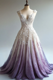 Retro Ombre V Neck A-Line Appliques Long Prom Dress Evening Gown, HZ0319