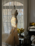 Elegant Mermaid Golden Sparkling Strapless Elegant Beaded Shinny Chiffon Evening Dress Prom Dress HZ0319