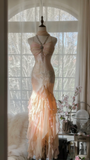 Fairy Pink Spaghetti Straps Mermaid Beaded Long Evening Dresses Birthday Outfits, HZ0319