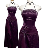 Dark Purple Halter Neck Sheath Satin Long Party Dress Vintage Evening Dress, HZ0319