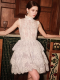 Vintage Beige Applique Design A-line Lace Short Tiered Party Dress Homecoming Dresses HZ0319