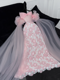 Vintage Pink Applique Bow Design A-Line Prom Dress Evening Dress HZ0319