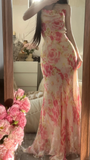 Retro Pink Floral Spaghetti Strap Design Elegant Chiffon Evening Dress Prom Dresses HZ0319