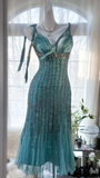 Elegant Blue Sparkling Beaded Spaghetti Strap V-neck Romantic Chiffon Evening Dress Prom Dresses HZ0319