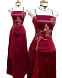 Wine Red Straps Sheath Satin Long Party Dress Vintage Evening Dress, HZ0319