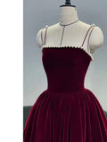 Retro Burgundy Beaded Spaghetti Strap Design A-line Velvet Party Dress Homecoming Dress HZ0319