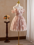 Retro Pink Applique Off-the-shoulder Design A-line Tulle Party Dress Homecoming Dress HZ0319