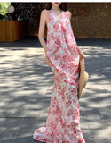 Vintage Pink Floral V-neck Design Elegant Beach Holiday Mermaid Sleeveless Halter Dress Summer Dress Party Dress, HZ0319