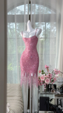 Vintage Pink Sparkling Sequin Spaghetti Strap Tassels Hem Romantic Evening Dress Prom Dresses HZ0319
