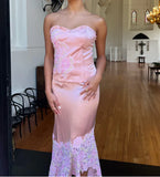 Lovely Pink Two Pieces Strapless Sheath Satin Long Party Dress Birthday Outfits, HZ0319