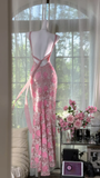 Vintage Gorgeous Pink Floral V-neck Applique Elegant Chiffon Long Evening Dress Prom Dresses HZ0319