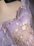Vintage Light Purple Applique Floral Beaded Off-the-shoulder Design A-line Tulle Party Dress Homecoming Dress HZ0319