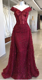 Gorgeous Burgundy Off Shoulder Mermaid Beading Long Evening Party Dress, HZ0319