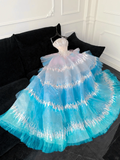 Gorgeous Sparkling Blue Sequin A-Line Elegant Chiffon Evening Dress Prom Dresses Ball Gown HZ0319