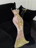 Gorgeous Sparkling Pink Beaded Applique Mermaid Design Exquisite Embroidery Evening Dress Prom Dresses HZ0319