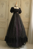 Modest Black A-Line Lace Satin Long Formal Prom Dress Vintage Party Dress, HZ0319