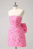 Vintage Rose Pink Bow Design A-line Floral Sleeveless Strapless Homecoming Dress, HZ0319