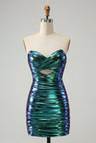 New Fashion Sparkly Teal Blue Ruched Design A-line Bodycon Strapless Short Homecoming Dress, HZ0319
