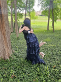 Dark Navy Sweetheart A-Line Lace Tiered Long Party Dress Senior Prom Dress, HZ0319