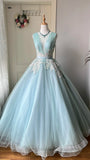 Pretty Ball Gown Light Blue Crew Neck Pleated Tulle Prom Dresses Evening Gala Gown Birthday Party Dress HZ0319