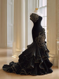Elegant Prom Dress Black Strapless Ruffle Mermaid Formal Dresses Evening Dress Gala Gown HZ0319