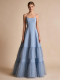 Light Blue Prom Dress A Line Spaghetti Straps Tulle Gala Gown Birthday Party Outfits Evening Dress HZ0319