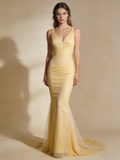 Light Yellow Prom Dress V-neck Tulle Mermaid Gala Dress Birthday Party Outfits Evening Gown HZ0319