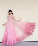 Stunning Prom Dress Pink Spaghetti Straps Pleated Tulle Gala Dress Evening Gown Birthday Party Outfits HZ0319