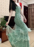 Sparking Prom Dress Spaghetti Straps Tulle Mermaid Birthday Party Outfits Backless Evening Gown Gala Dress HZ0319