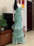 Sparking Prom Dress Spaghetti Straps Tulle Mermaid Birthday Party Outfits Backless Evening Gown Gala Dress HZ0319