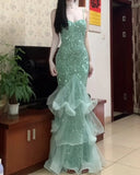 Sparking Prom Dress Spaghetti Straps Tulle Mermaid Birthday Party Outfits Backless Evening Gown Gala Dress HZ0319