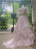 Charming Prom Dress Square Neck Print Pleated Evening Dress Gala Gown Cocktail Outfits HZ0319