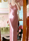 Beauty Prom Dress Pink Satin Crew Neck Evening Dress Long Cocktail Outfits Gala Gown HZ0319