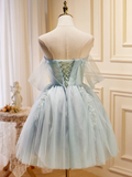 Vintage Light Blue Beaded Off-the-shoulder Design A-line Tulle Party Dress Homecoming Dress HZ0319