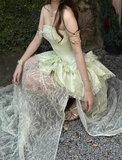 Beauty Prom Dress Light Green Strapless Slit Gala Gown Evening Dress Party Outfits HZ0319