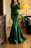 Elegant Prom Dress Dark Green Satin Square Neck Pleated Mermaid Gala Gown Evening Dress Graduation Outfits HZ0319