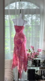 Retro Pink V-neck Floral Elegant Chiffon Evening Dress Prom Dresses HZ0319
