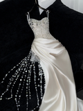 Stunning Strapless Sheath Satin Beaded Long Evening Party Dress Birthday Outfits, HZ0319