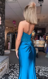 Sexy Red Strapless Sheath Satin Split Long Evening Party Dress Birthday Dress, HZ0319