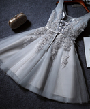 Vintage Gray Applique Design A-line Tulle Party Dress Homecoming Dress HZ0319