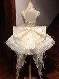 Vintage Beige 3D Flower Bow Design Lace Tulle Tiered Homecoming Dress, HZ0319