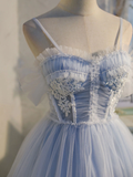 Vintage Light Blue Applique Sweetheart Spaghetti Strap Design A-line Tulle Party Dress Homecoming Dress HZ0319
